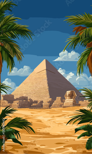 Stunning Ancient Egyptian Pyramid with Blue Sky and Palm Trees: Explore Iconic Desert Landmarks, Historical Sphinx, and Breathtaking Scenic Views