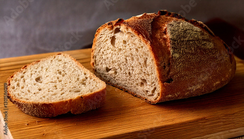 A freshly baked French baguette with a crispy golden crust, placed on a rustic wooden table
