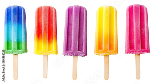 Colorful rainbow popsicles lined up, frozen summer treats, isolated on white background, PNG format
