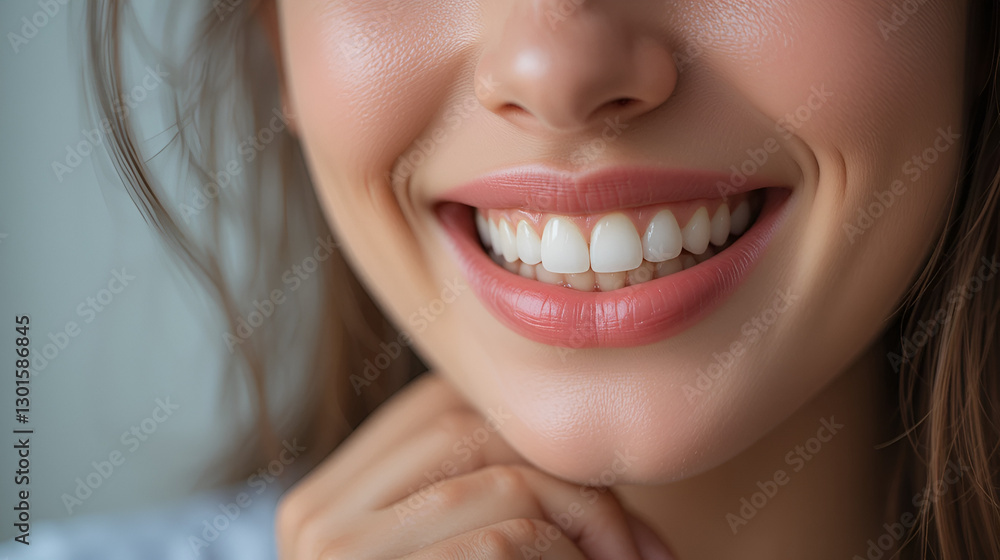beautiful teeth of caucasian woman closeup with hand on chin showcasing bright smile and dental health care beautiful teeth of caucasian woman closeup with hand on chin showcasing bright smile and dental health care