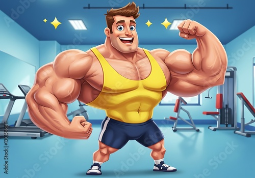 Muscular Cartoon Bodybuilder in Gym Setting: A Cheerful, Vibrant Illustration