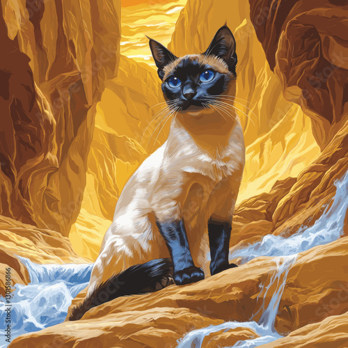 Majestic Siamese Cat Amidst Vibrant Canyon Waterfalls: Stunning Natural Landscape Photography, Serenity, Wildlife and Nature, Adventure, Tranquility