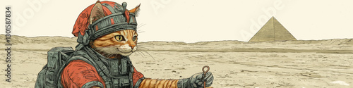 Adventurous Cat in Space Suit near Ancient Pyramid in Desert Landscape: Feline Astronaut with Red Helmet and Backpack Exploring Egyptian Terrain