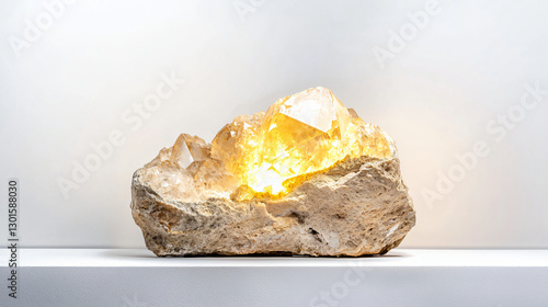 unrefined gold-quartz specimen displayed on illuminated pedestal in mineral exhibit