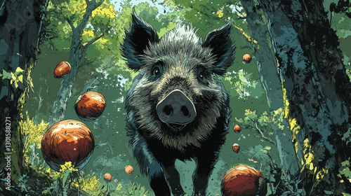 Majestic Wild Boar Roaming Forest with Vibrant Red Mushrooms in Lush Greenery - Captivating Nature and Wildlife Photography for Enthusiasts and Artists