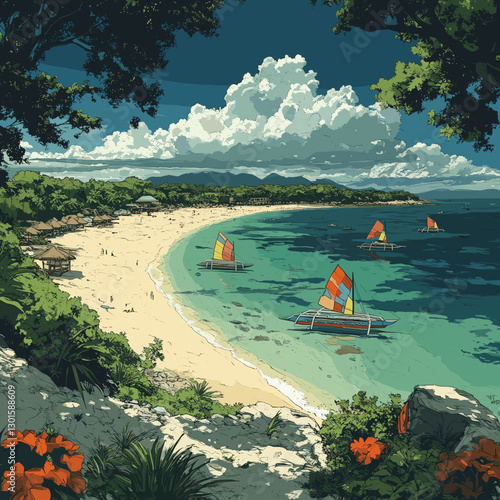 Stunning Tropical Beach Scene with Colorful Boats and Lush Greenery Under a Clear Blue Sky with White Clouds and Vibrant Flowers in Tranquil Paradise
