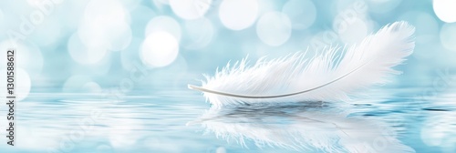 Single White Feather on Calm Water - A serene symbolizing peace, tranquility, lightness, hope, and new beginnings. A single white feather floats gently on calm blue water, reflecting the soft light