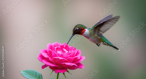 Macro Close-Up of Colorful Hummingbird Pollinating Pink Rose Flower in Natural Garden Setting