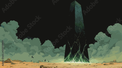 Mysterious Black Monolith in Desolate Desert Landscape with Dramatic Clouds and Glowing Green Energy at Night: Sci-Fi Art and Futuristic Theme Digital Artwork