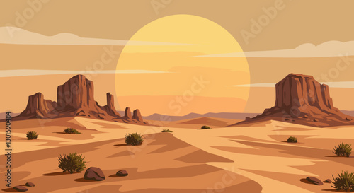 Enchanting Desert Landscape with Majestic Rock Formations and Setting Sun, Serene Desert Flora, and Blue Skies Capture Southwestern Wilderness Vibe in Beautiful Art