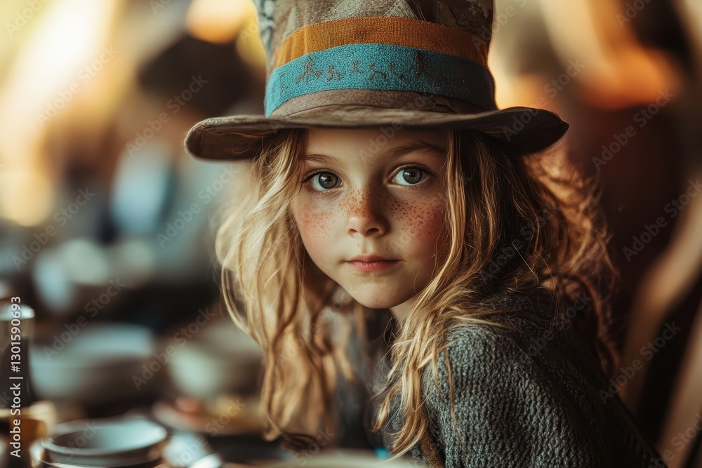Portrait of curious girl wearing fancy hat with freckles and long blonde hair Portrait of curious girl wearing fancy hat with freckles and long blonde hair