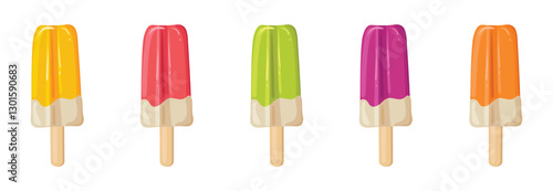 Fruit ice cream of different colors and flavors. Strawberry, lemon, berry and apple. Set of vector images of frozen juice on a transparent background.