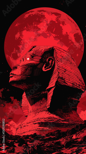 Eerie Red Supermoon Looms Over Ancient Egyptian Sphinx at Night in Surreal Digital Art, Highlighting Mythical Atmosphere and Dramatic Lunar Effect