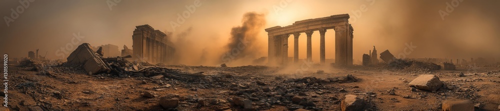 Fototapeta premium Desolate ruins of an ancient cultural site with fallen columns and scattered statues. Generative AI