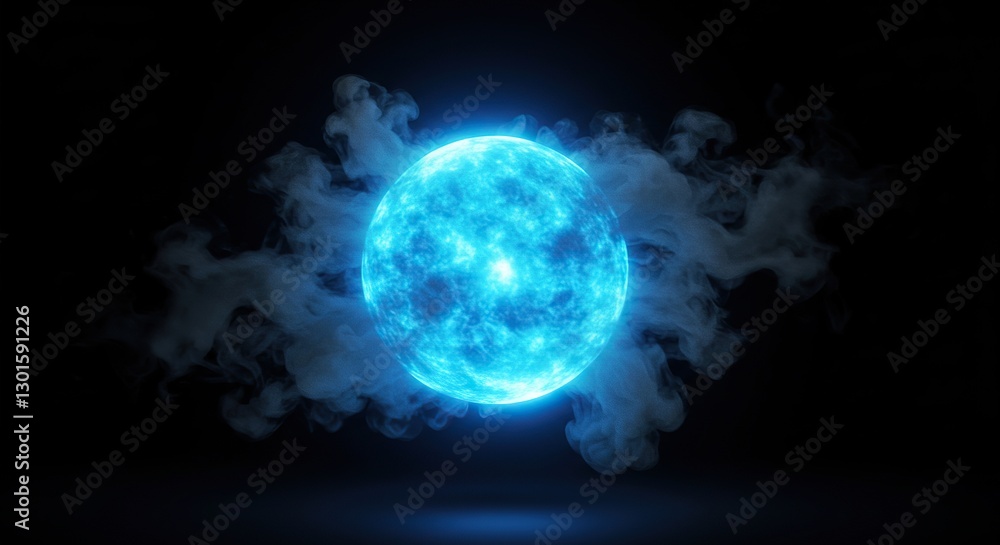 Obraz premium Luminous Blue Sphere with Smoke on Dark Background - Abstract Element, Digital Art.