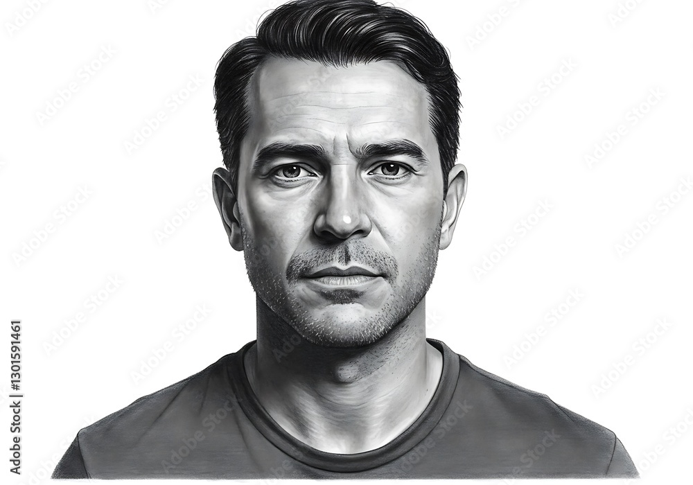 Penciled Portrait: A Man's Serious Gaze in Monochromatic Style Penciled Portrait: A Man's Serious Gaze in Monochromatic Style