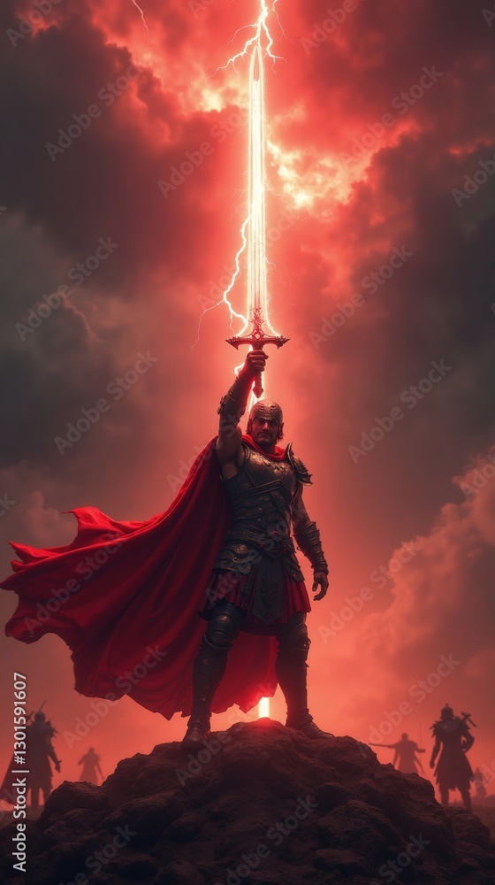 Epic Fantasy: Powerful Warrior with Glowing Sword on Stormy Battlefield Epic Fantasy: Powerful Warrior with Glowing Sword on Stormy Battlefield