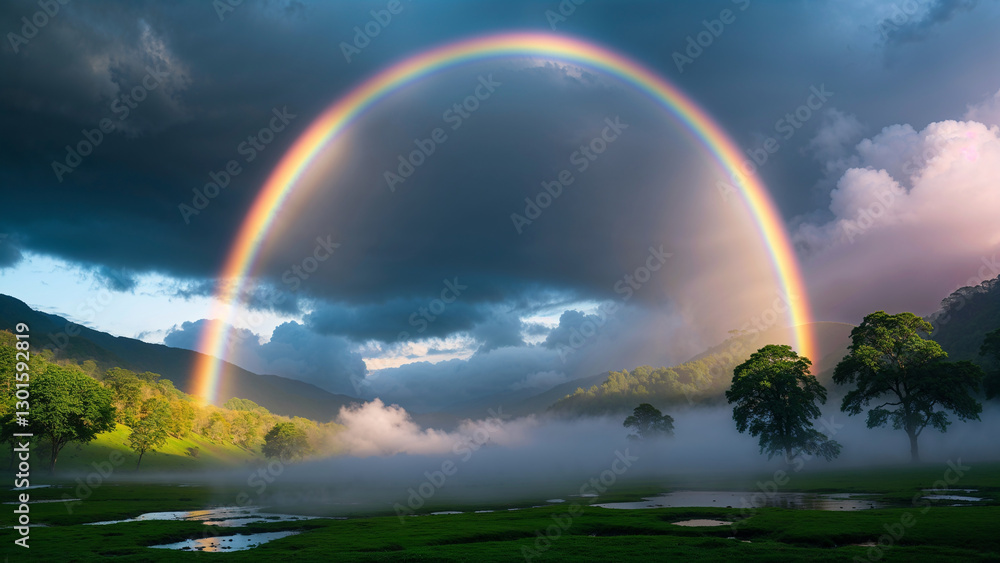 Naklejka premium a breathtaking, highly detailed, cinematic photograph of a vibrant,double-arched rainbow stretching across the sky, its colors gradating from soft pink to deep indigo, set against a dramatic, moody ba