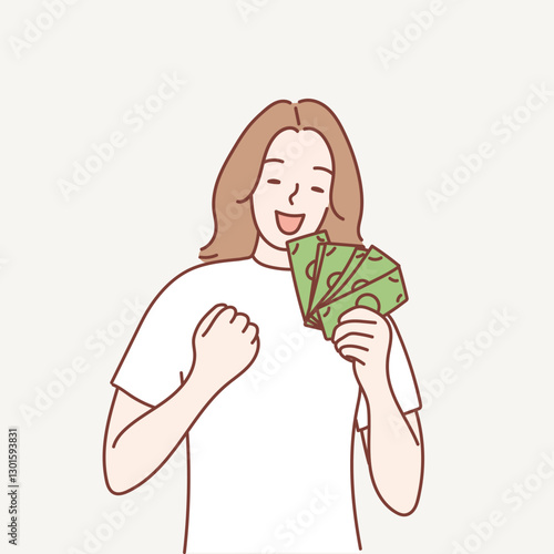 The girl rejoices at the victory. New Year illustration in cartoon style.