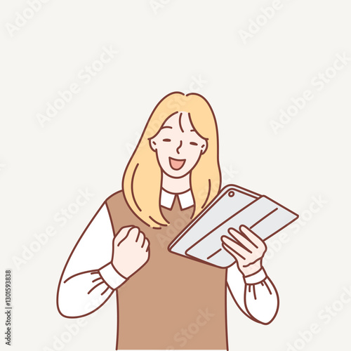 The girl rejoices at the victory. New Year illustration in cartoon style.