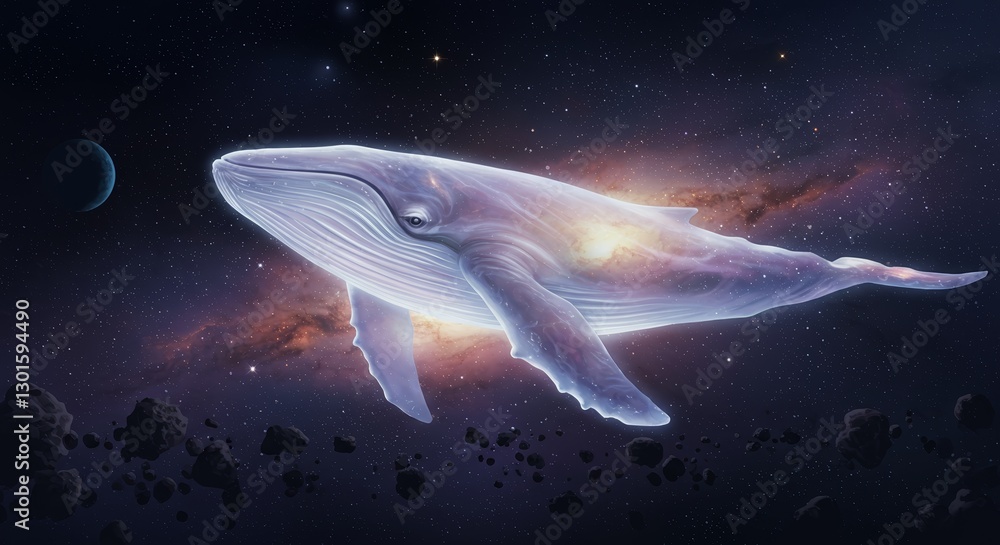 Fototapeta premium Cosmic Voyage: An Ethereal Whale Navigating the Galaxy's Celestial Canvas