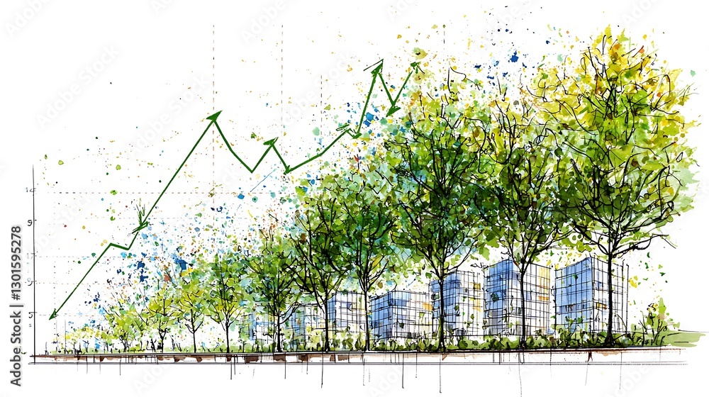 Urban Growth Concept with Trees and Graph Illustrating Progress Urban Growth Concept with Trees and Graph Illustrating Progress