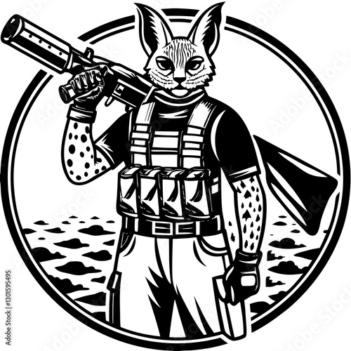 actical Wildcat Warrior – Black and White Military Vector Illustration
A bold black and white vector illustration of an anthropomorphic wildcat soldier, carrying a silenced rifle over  his shoulder