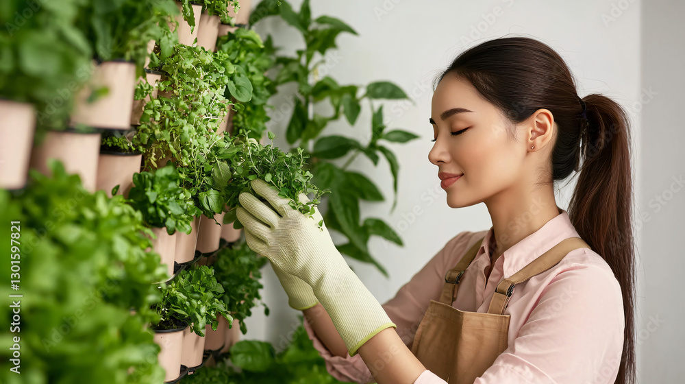 Asian Woman Harvesting Fresh Herbs from Hydroponic Wall Garden in Urban Apartment Asian Woman Harvesting Fresh Herbs from Hydroponic Wall Garden in Urban Apartment
