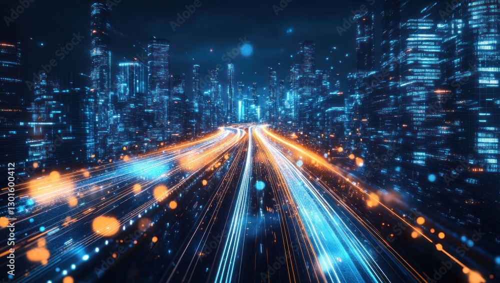 Futuristic city highway with glowing digital lines and light trails at night. Futuristic city highway with glowing digital lines and light trails at night.
