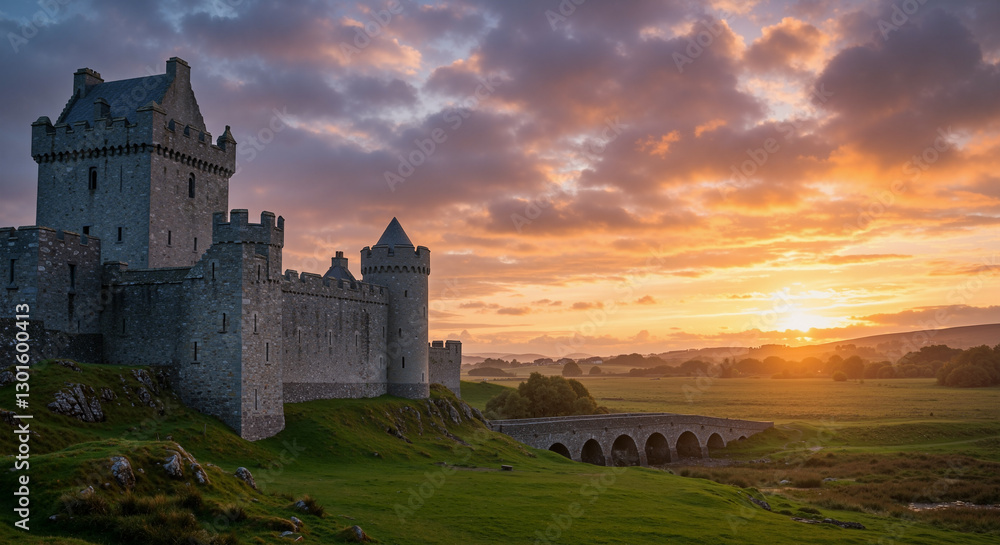 Fantasy Celtic castle with orange sunset clouds and emerald green grass landscape Fantasy Celtic castle with orange sunset clouds and emerald green grass landscape