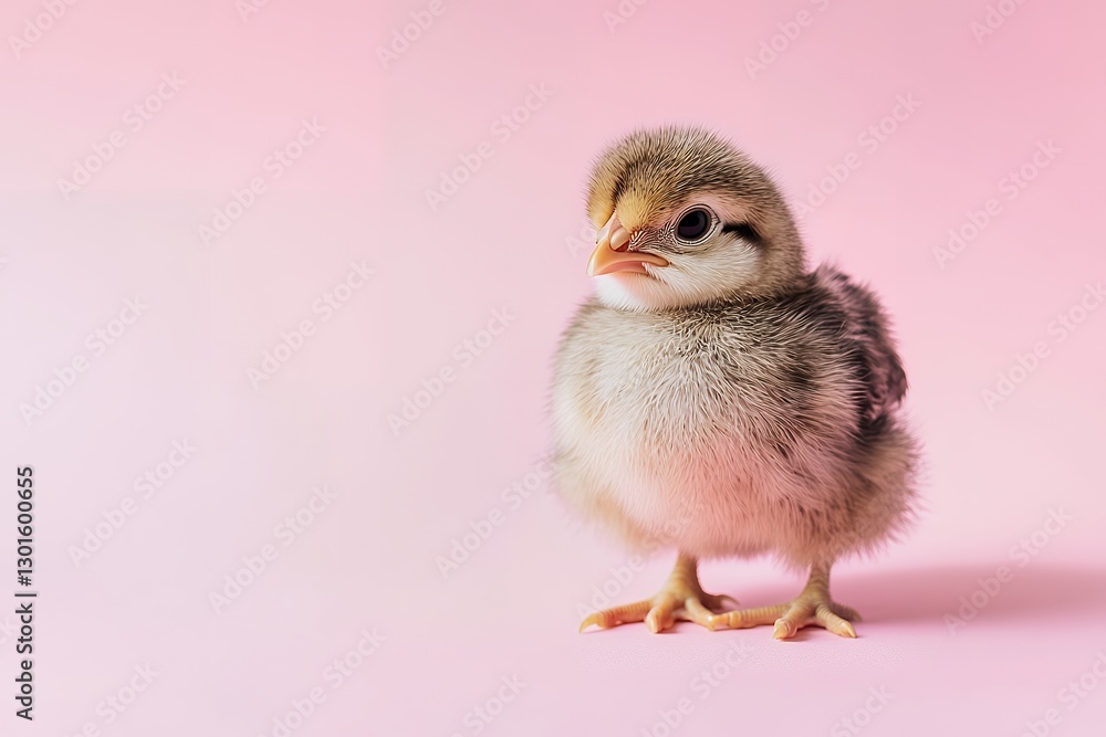 Obraz premium Adorable fluffy chick on soft pink background captures innocence and charm