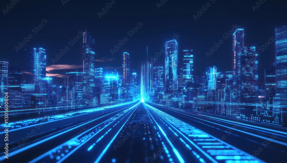 Futuristic city skyline at night, glowing digital roads. Futuristic city skyline at night, glowing digital roads.