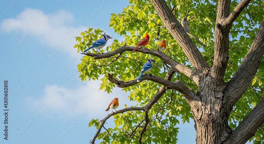 Fototapeta premium Serene Spring Birds: Colorful Avian Gathering in Lush Green Tree
