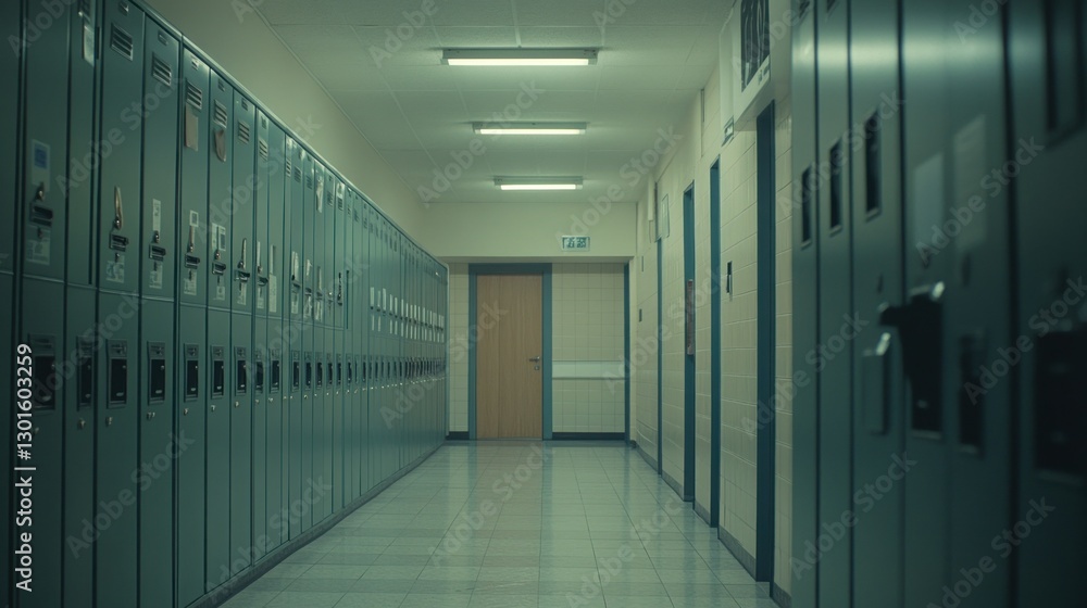 Empty school hallway at night with lockers Empty school hallway at night with lockers