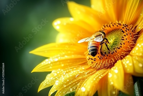 Bee gathering nectar on dew-kissed sunflower in lush green setting photo