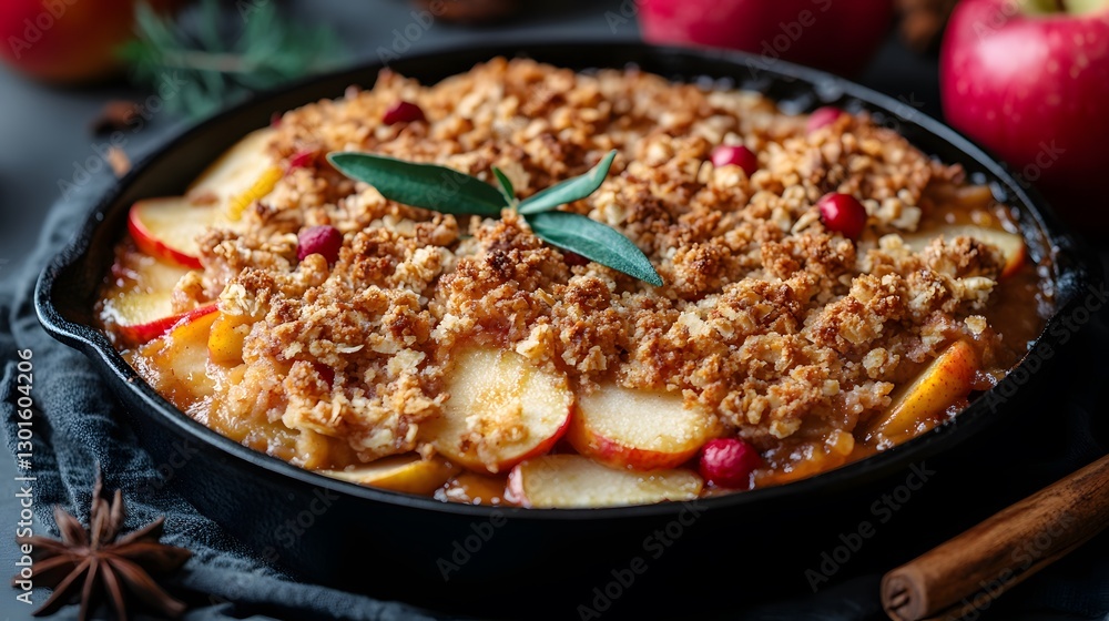 A Warm and Comforting Apple Crisp Served in a Cast Iron Skillet for a Joyous Thanksgiving Celebration A Warm and Comforting Apple Crisp Served in a Cast Iron Skillet for a Joyous Thanksgiving Celebration