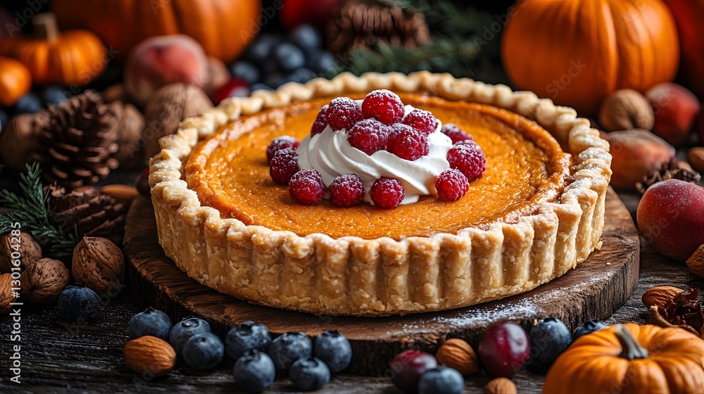 An Exquisite Thanksgiving Dessert Displaying a Festive Pumpkin Pie Surrounded by Seasonal Delights and Autumnal Accents An Exquisite Thanksgiving Dessert Displaying a Festive Pumpkin Pie Surrounded by Seasonal Delights and Autumnal Accents