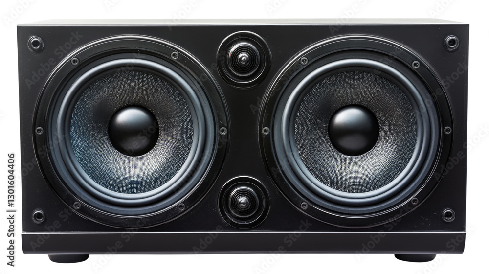 Powerful black stereo speaker system playing loud music on transparent background Powerful black stereo speaker system playing loud music on transparent background