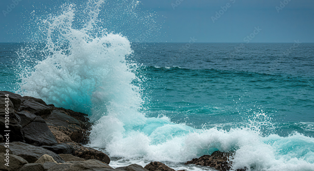 Fototapeta premium Ocean Waves Crashing on Rocks Along Scenic Coastline with Splashing Water and Blue Sea