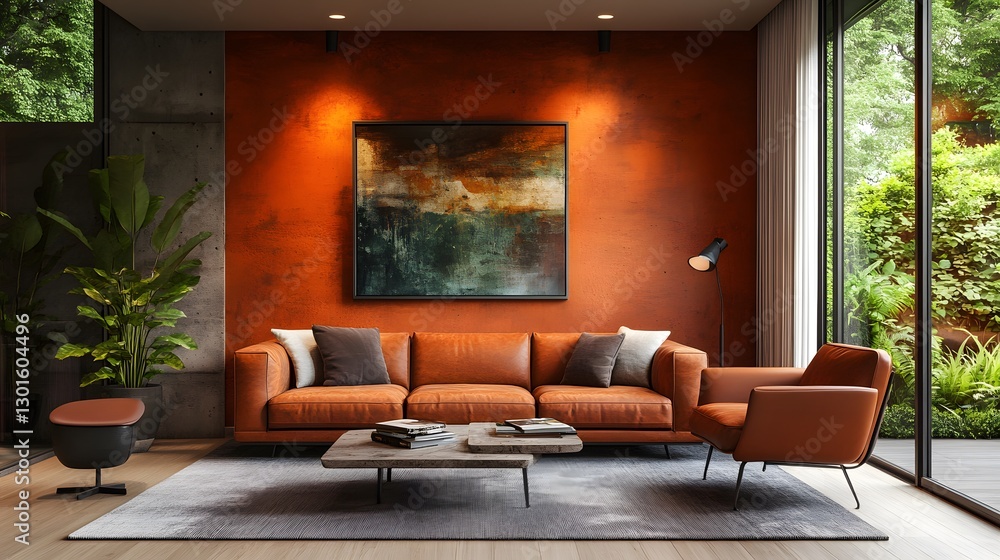 A Contemporary Living Space with Terracotta Sofas and Brown Leather Armchairs Emphasizing Mid-Century Elegance A Contemporary Living Space with Terracotta Sofas and Brown Leather Armchairs Emphasizing Mid-Century Elegance