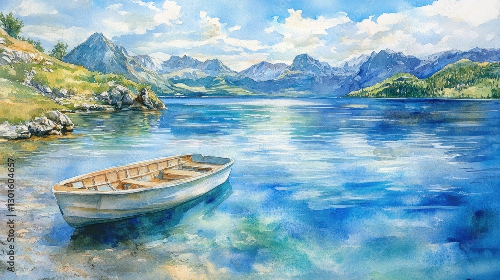 Tranquil lake scene with boat, mountains, and sky Tranquil lake scene with boat, mountains, and sky