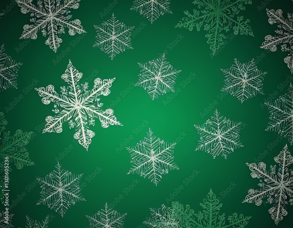 Intricate white snowflakes on a lush green background, creating a festive winter pattern. Intricate white snowflakes on a lush green background, creating a festive winter pattern.