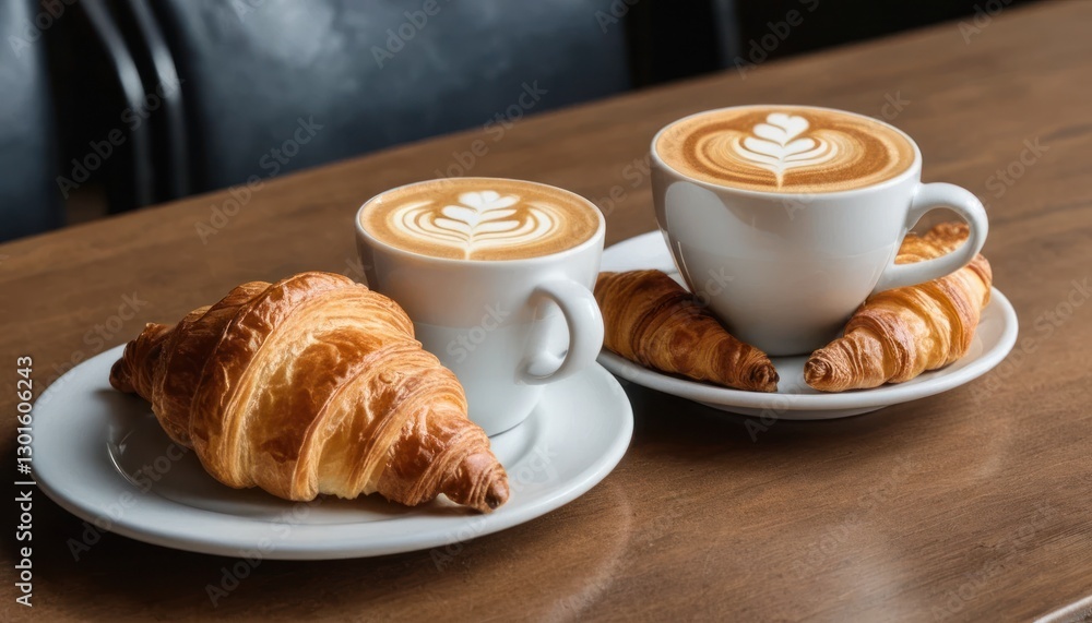 Steaming cup of coffee with a frothy latte art design resting on a table beside a freshly baked croissant