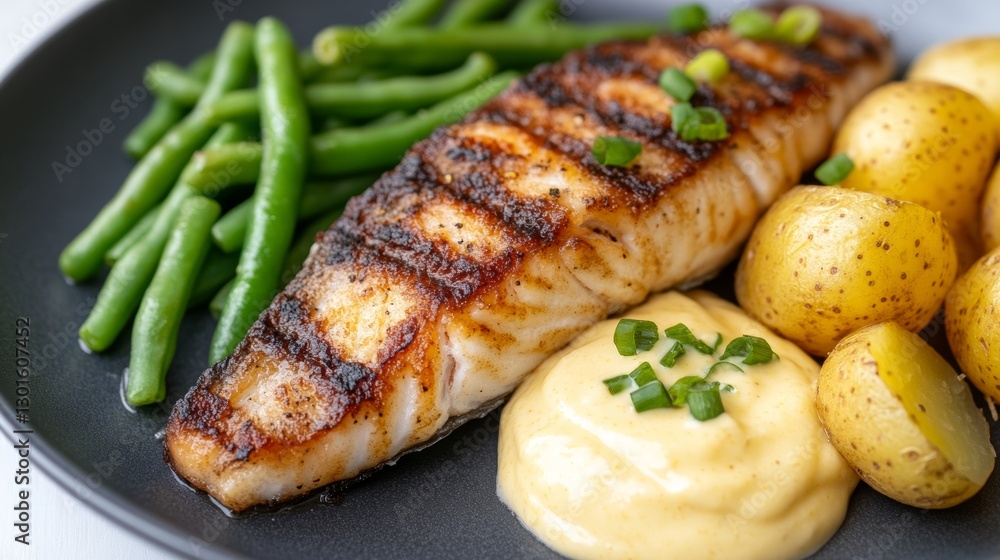 Pan-seared Icelandic mackerel fillet with potatoes and green beans in a Nordic minimalistic setting Pan-seared Icelandic mackerel fillet with potatoes and green beans in a Nordic minimalistic setting
