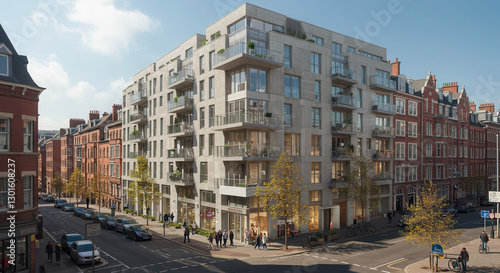 Modern Residential Apartment Building with Glass Facade in Urban Cityscape on Sunny Day