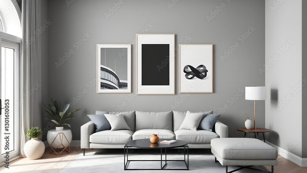 Fototapeta premium modern and stylish living room with a comfortable sofa, coffee table and elegant artworks 