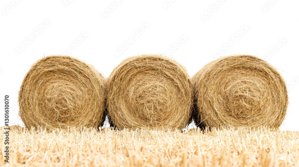 Round hay bales resting on harvested field with transparent background Round hay bales resting on harvested field with transparent background