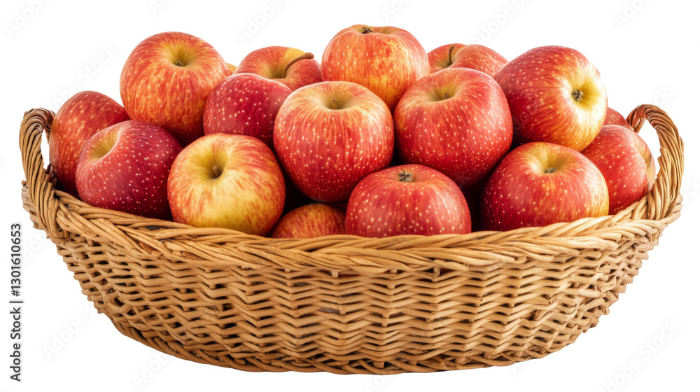 Wicker basket overflowing with freshly picked red apples on transparent background Wicker basket overflowing with freshly picked red apples on transparent background