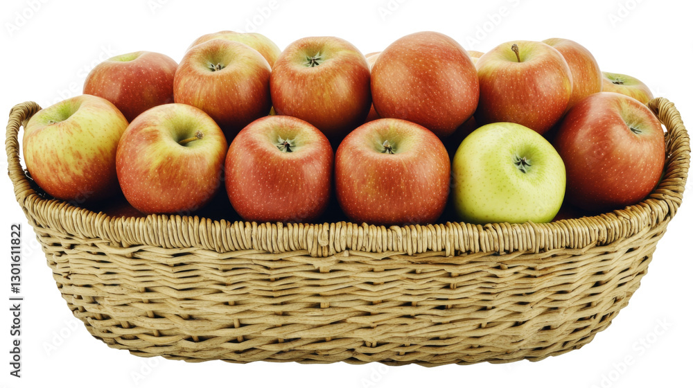 Wicker basket overflowing with freshly picked red and green apples on transparent background Wicker basket overflowing with freshly picked red and green apples on transparent background