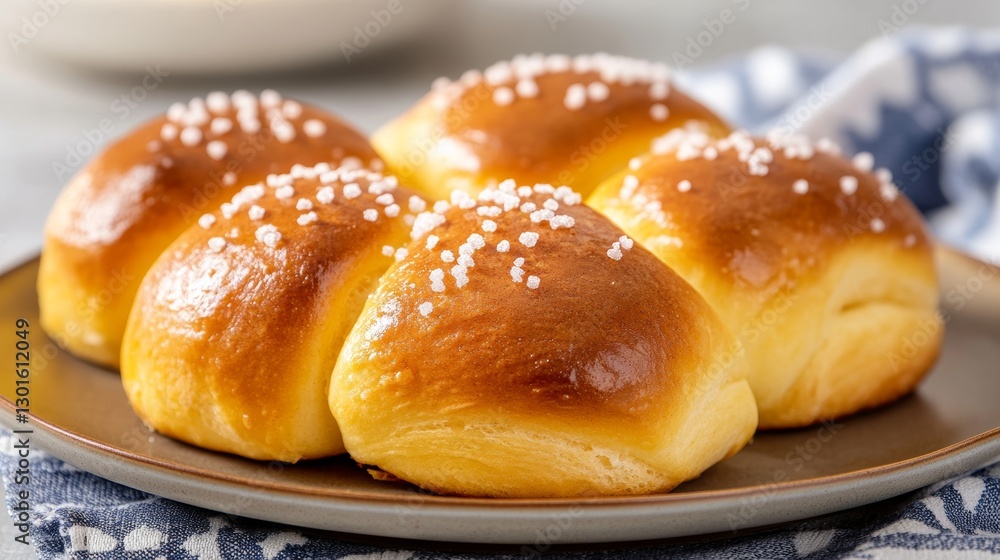 Freshly baked Finnish cinnamon rolls korvapuusti arranged on a cozy Scandinavian plate with a sprinkle of pearl sugar in soft natural lighting Freshly baked Finnish cinnamon rolls korvapuusti arranged on a cozy Scandinavian plate with a sprinkle of pearl sugar in soft natural lighting